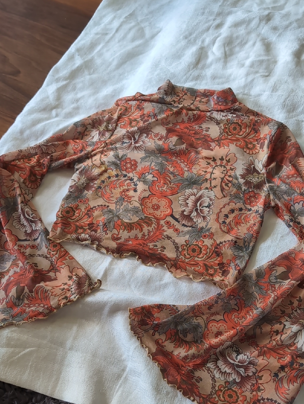 SHEIN Sheer Floral Mesh Crop Top - Peach & Sage